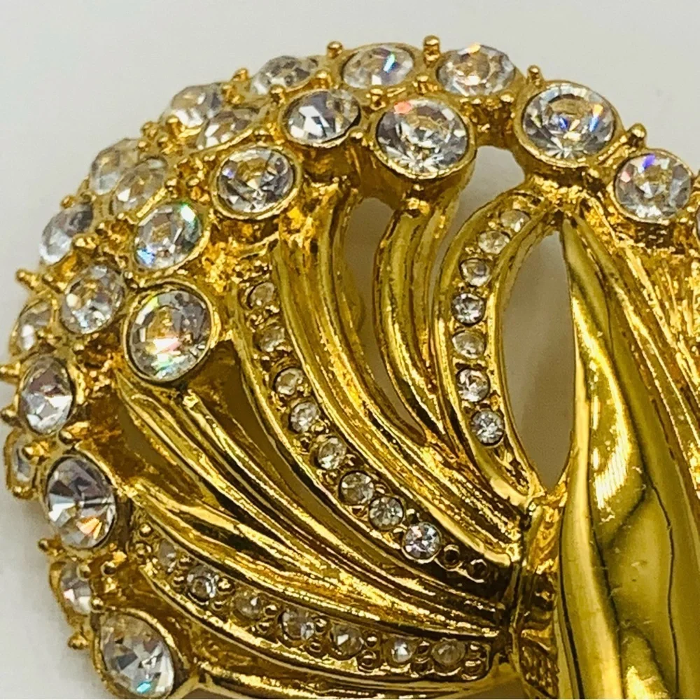 Vintage Monet Gold Rhinestone Swirl Brooch Pin Abstract